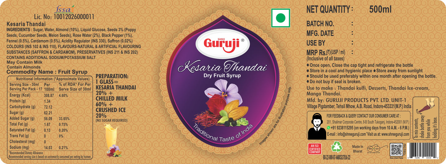 Guruji Combo Pack of Kesaria Thandai & Rose Sharbat (500 Ml x 2 unit)